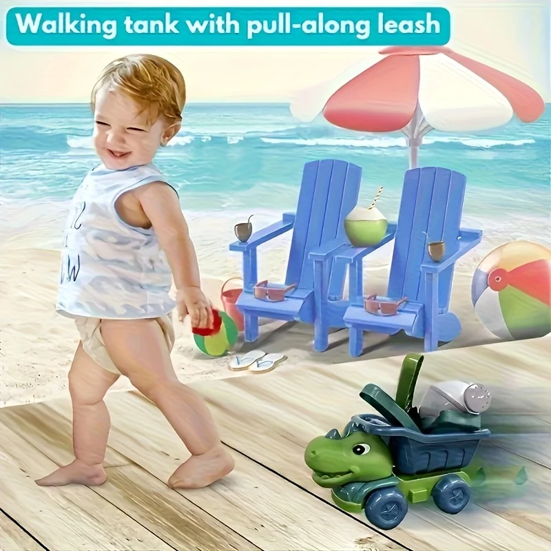 6-częściowy interaktywny zestaw zabawek plażowych, zestaw zabawek plażowych z łopatką i wózkiem w kształcie dinozaura. Zestaw narzędzi do zabawy w wodzie i kopania w piasku jest odpowiedni.