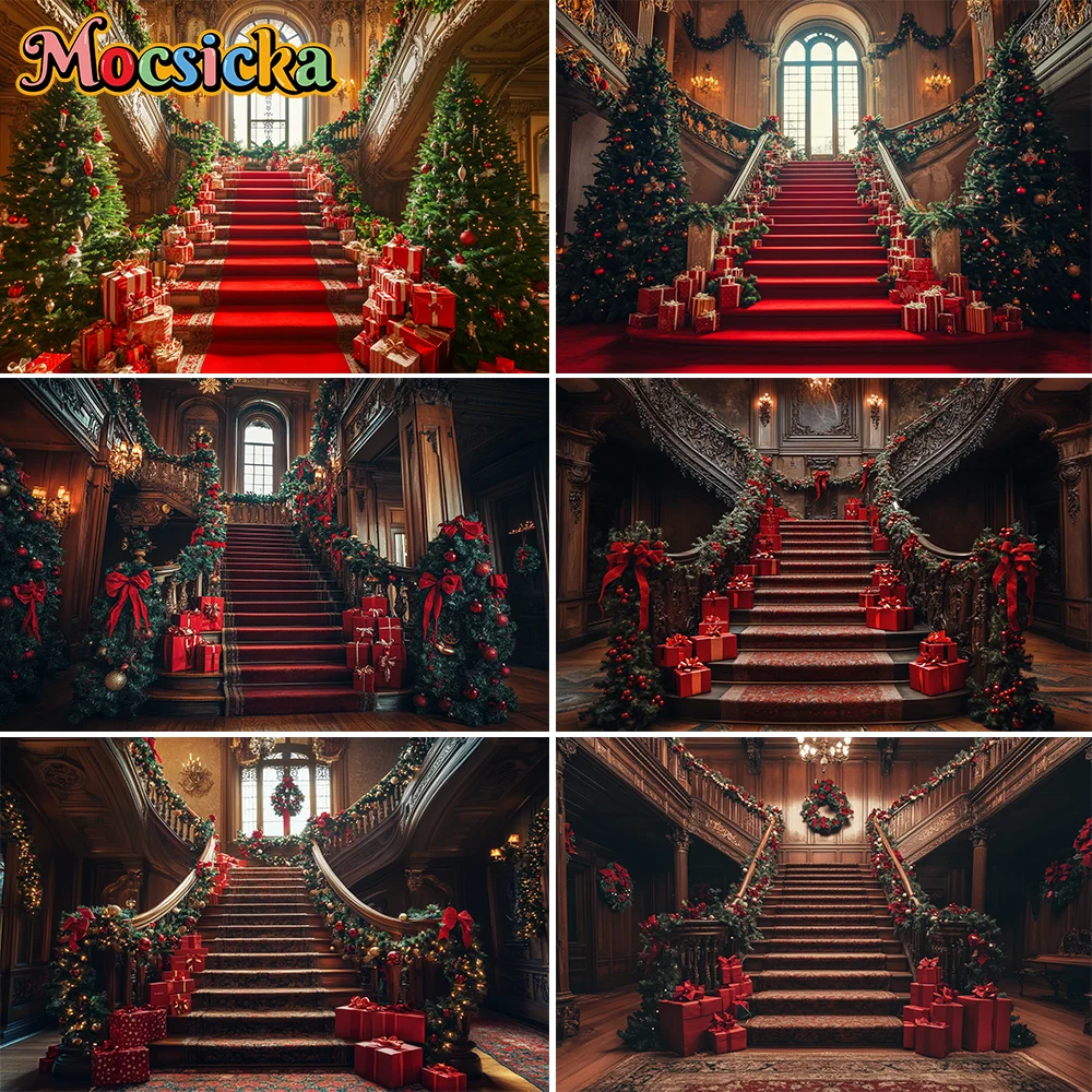 

Photography Background Winter Christmas Staircase New Year Xmas Tree Kids Family Portrait Decor Backdrop Photo Studio