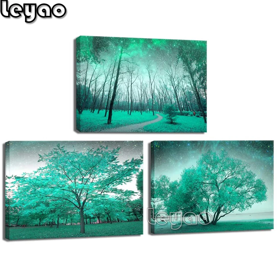 3 Piece diamond painting Wall Art Teal Green Tree Forest Triptych Landscape diamond embroidery,full drill,sqaure/round diaomnd