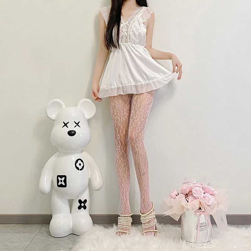 Summer Thin Fishnet Jacquard Ladies Pantyhose Light Pink Hollow Out Leopard Mesh Hottie Sexy Seductive Nylon Tights Multi-Color