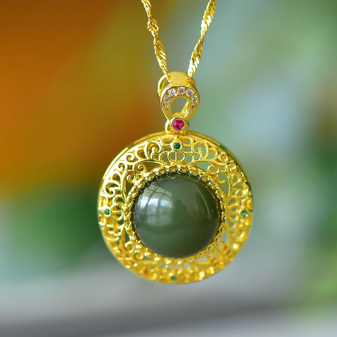 

Natural Hetian jade, drum color zirconium hollow out, round, small fashion pendant wholesale