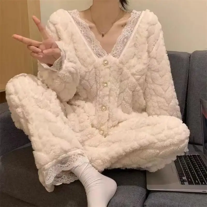 

2025 женская зимняя новая модная мягкая удобная ночная рубашка, кардиган с длинными рукавами, утепленный теплый кружевной край, милый комплект для домашнего интерьера