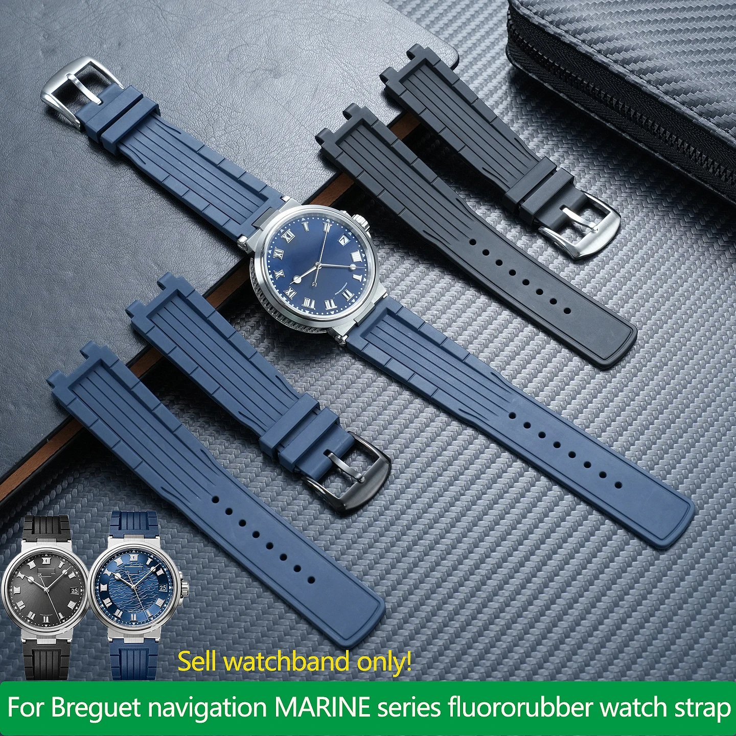 Black/Blue FKM Watchband For Breguet navigation MARINE series fluororubber strap 5517/5527/5547 concave convex mouth bracelet