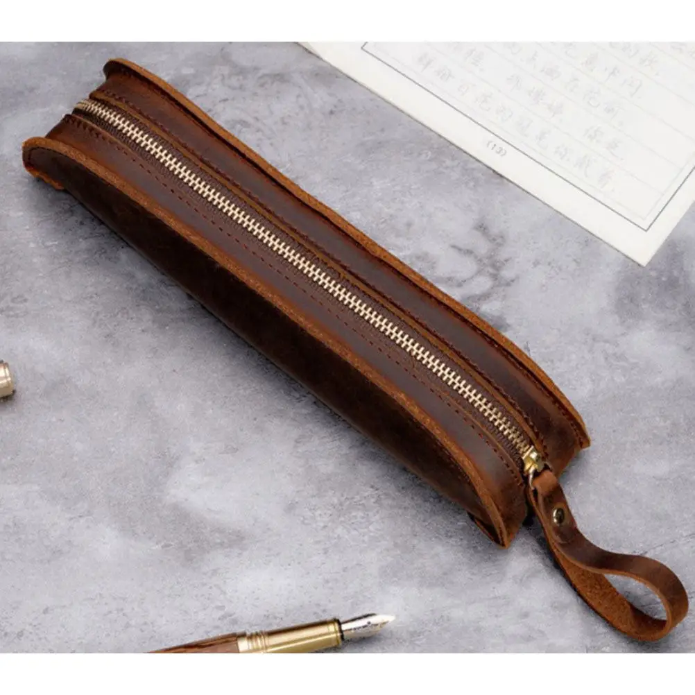 zipper-pen-pouch-brown-genuine-handmade-retro-pen-case-for-fountain-rollerball-ballpoint-pens-office-college-use