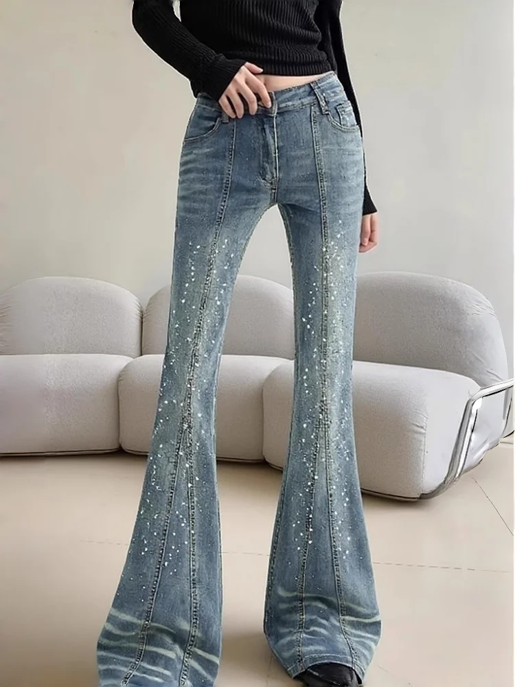 ReddaChic Women Rhinestone Patchwork Flare Jeans Vintage Distressed Slim Fit High Rise Bell Bottoms Going Out Y2K Streetwear