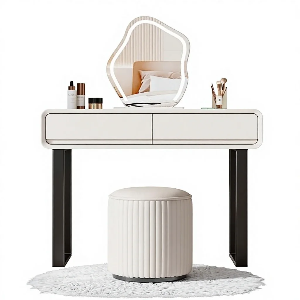 %Sleek Modern Adjustable Lighted Wooden Dressing Table Set Large Mirror Stool Eco-Friendly White Vanity Makeup Desk for Bedroom