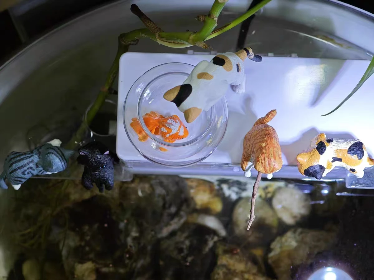 オリジナルカプセルおもちゃかわいいかわいい白黒キャリコ猫ハチワレ猫と金魚水槽水族館の装飾品フィギュア