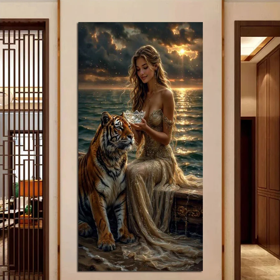 

Fullcang New Collection Tiger and Sexy Woman Large Size Diy Diamond Arts Painting Animals Full Drill Mosaic Embroidery Picture