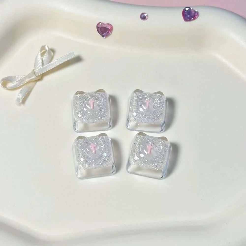 4Pcs 3D Heart Resin Keycaps, Transparent Ice Shape Designed for Long Nails, Cute Decorative Mechanical Keyboard Accessories