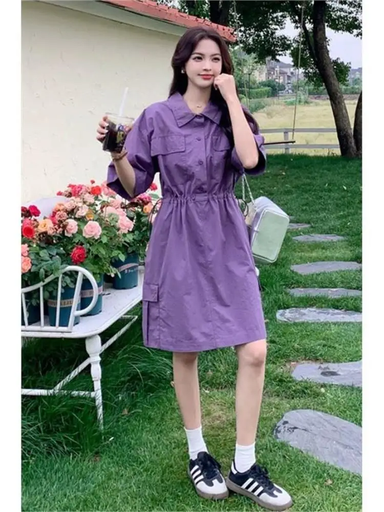 plus Size Workwear Dr Dstring Waist Slimming Loose Casual Summer Dr for Heavy Women MM Polyester Material Midi Dr