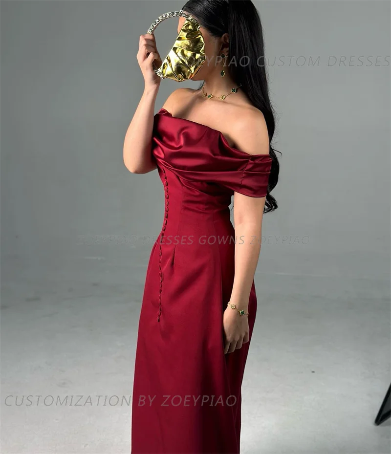 Burgundy Red A Line Satin Night Party Prom Dresses Button Strapless Off Shoulder Short Sleeves Evening Gowns Vestidos femme