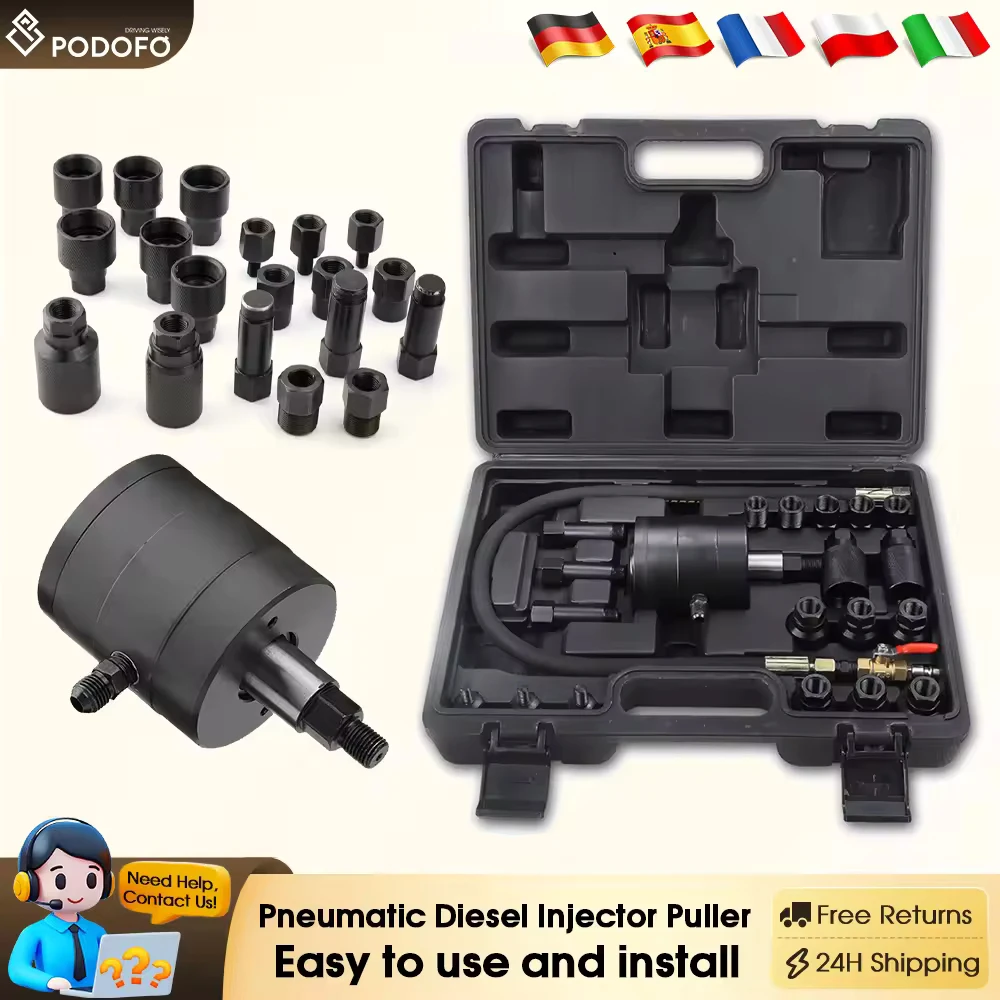 Extractor Neumático de Inyectores Diésel Podofo de 21 Piezas con Varios Adaptadores para Extraer Inyectores de Combustible Atascados en Motores Diésel