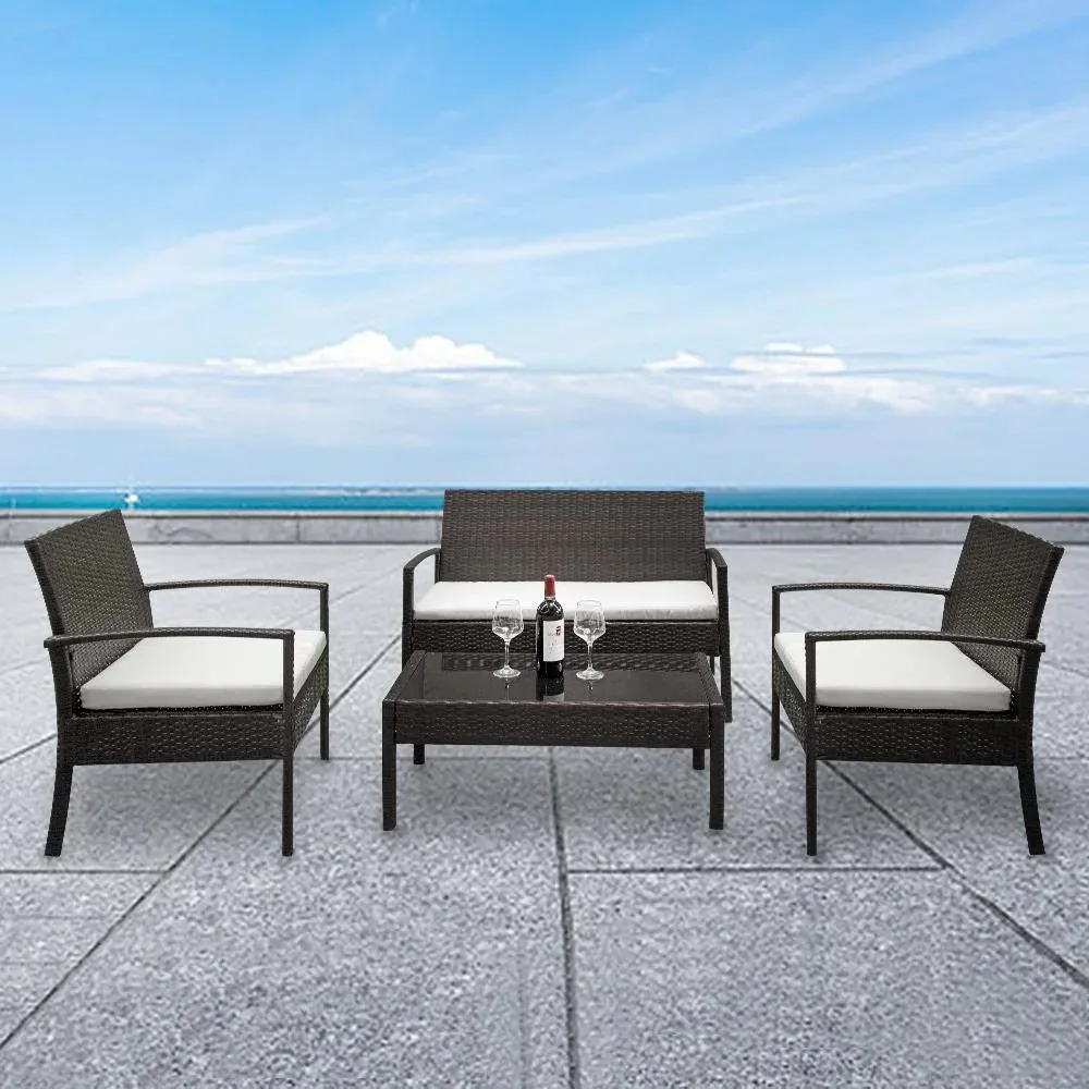 

PE Rattan 4PCS Conversation Sofa Set with Cushions for Patio Garden Yard Brown, Made of high quality PE rattan and steel frame