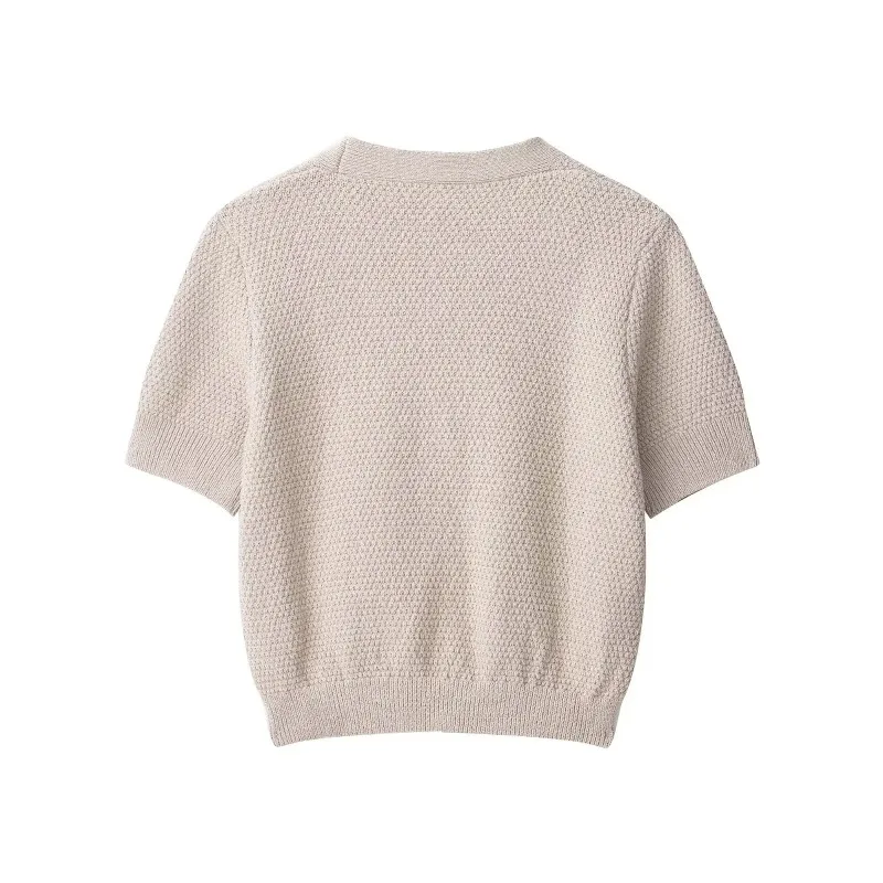 الربيع الصيف المرأة قصيرة الأكمام الخامس الرقبة سترة مشغولة من الصوف بلون واحدة الصدر القمم الإناث أنيقة تريكو شيك ملابس خارجية