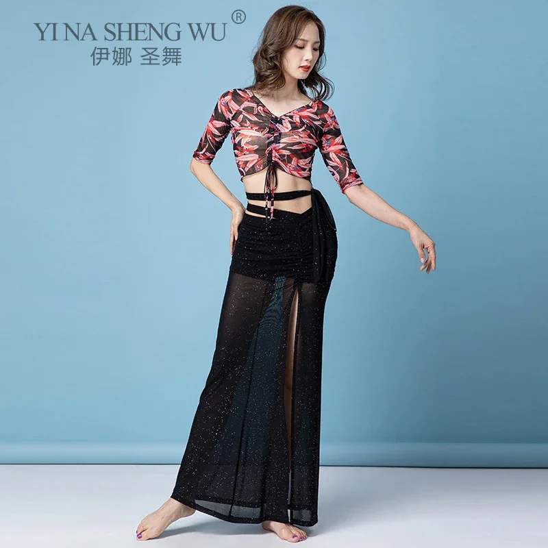 Zestaw do tańca brzucha dla dorosłych kobiet: elegancki, chłodny i oddychający top z nadrukiem, długa spódnica, profesjonalna odzież do występów tanecznych.
