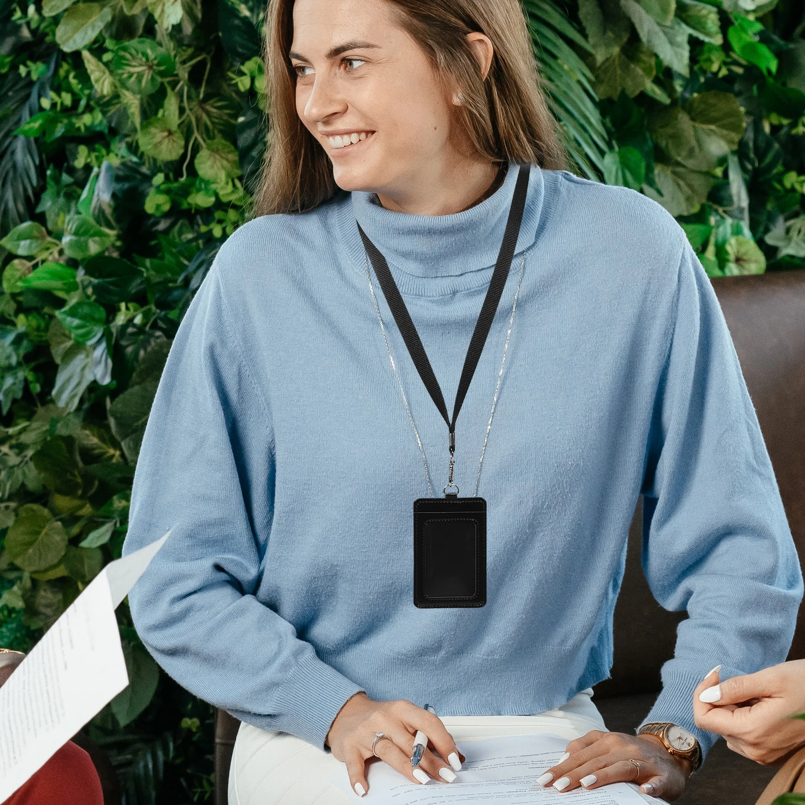 

Vertical Id Badge Holder Pu Pass Pouch Lanyard Swivel Clip Black Front Window Clear Protection Business Card Case For