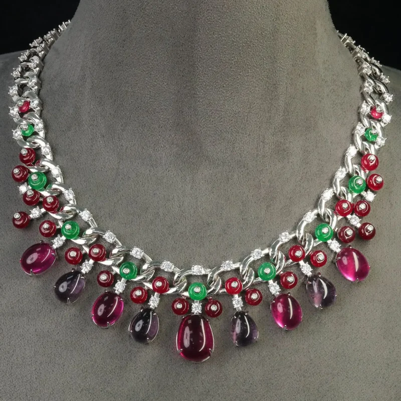 

BELLUX 925 Silver Gold Plated High Carbon Diamond Colorful Fruit Ruby Vintage Luxury Women's Banquet Necklace