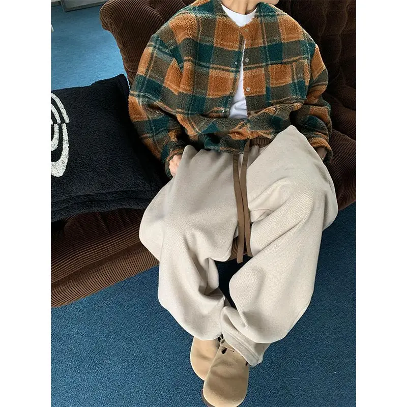 

Beige woolen pants loose bf lazy style American retro thickened sweatpants men's loose straight wide-leg pants