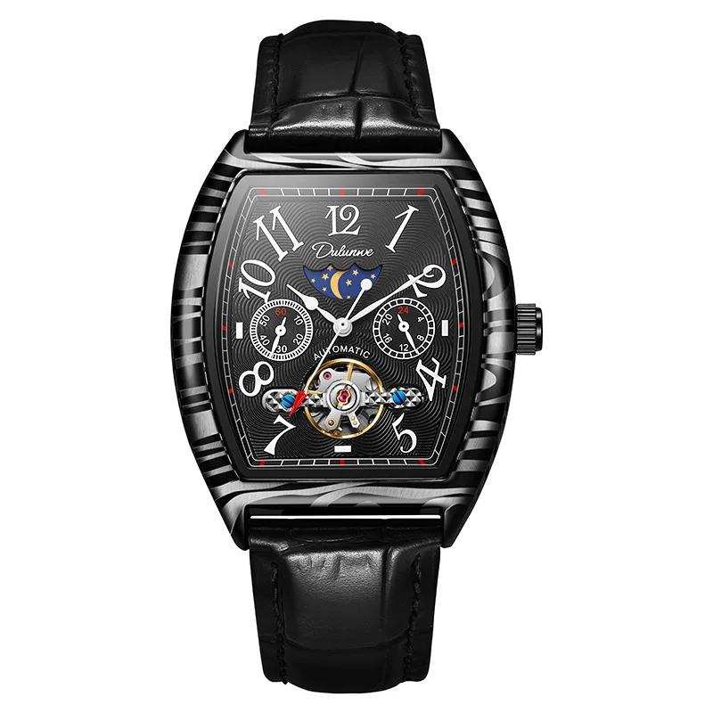 Tonneau Automatic Mechanical Watch for Men with Sun Moon Stars Dial Leather Strap Waterproof and Luminous