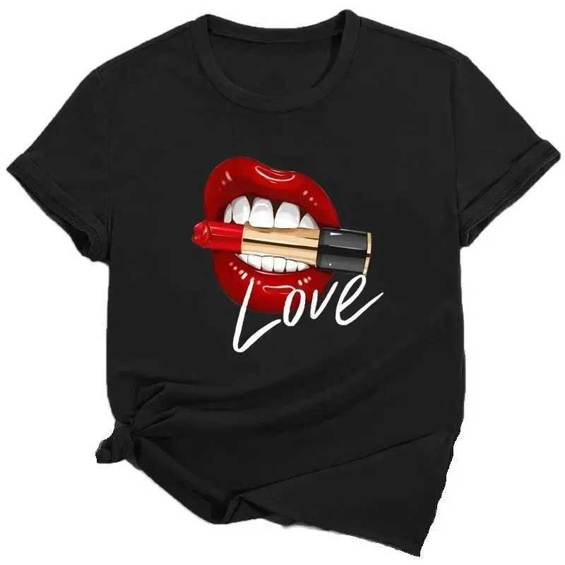 

Женская сексуальная черная футболка с круглым вырезом Kiss Lip, забавная летняя женская мягкая футболка с акварельным рисунком, Harajuku Y2k, топ женской одежды