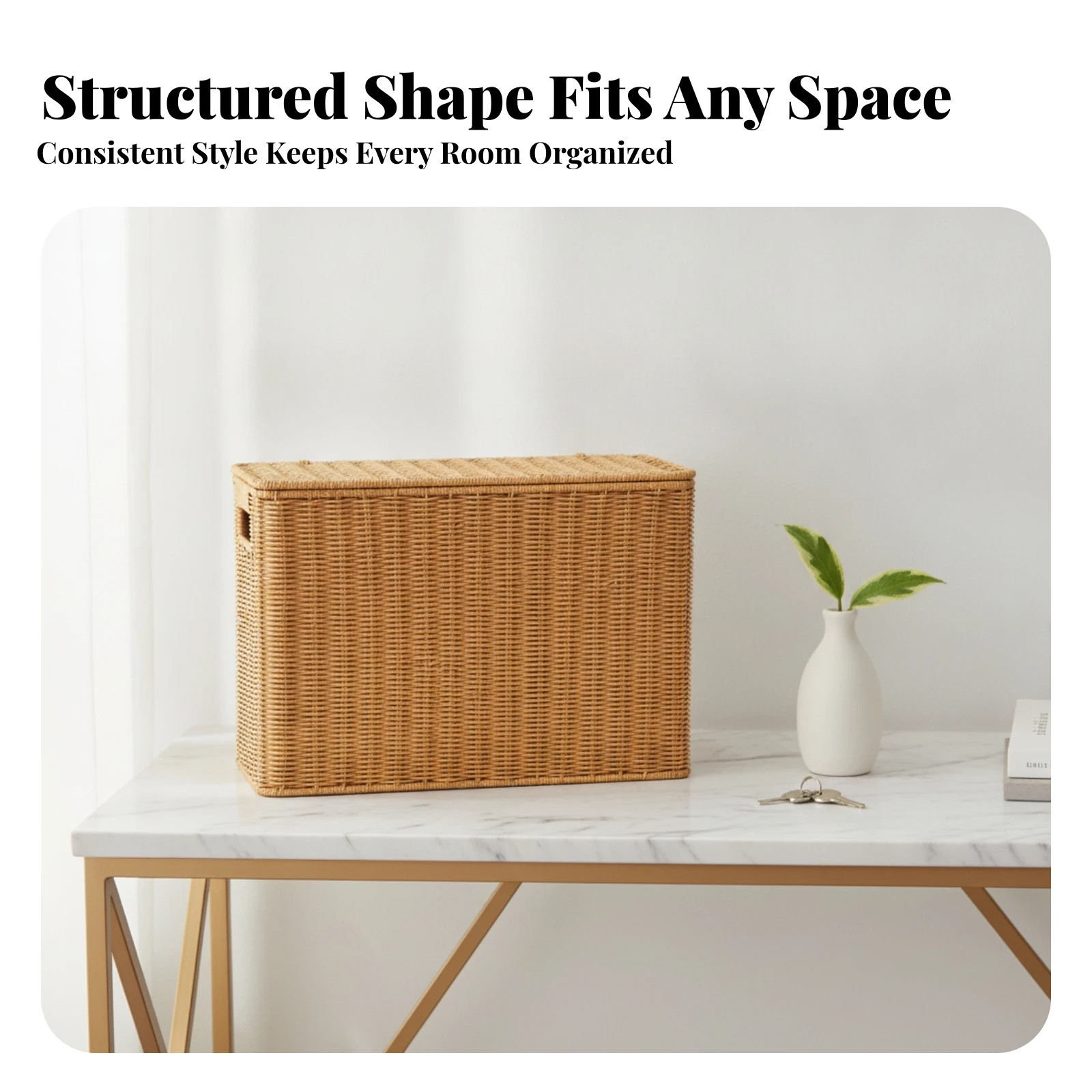 Woven Storage Box with Lid Rectangular Rattan Storage Trunk Woven Hamper with Handles Space-Saving for Bedroom, Living Room