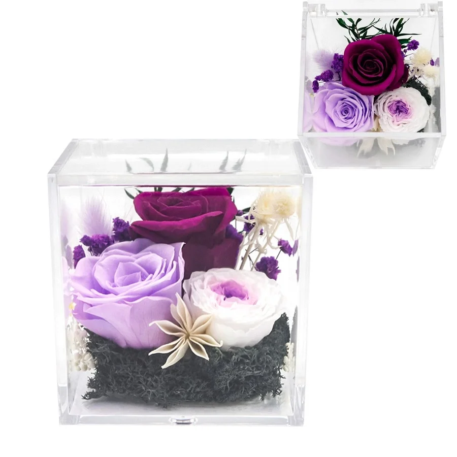 

Valentine's Day Gift Real flowers Roses transparent acrylic flip-top everlasting flower box Mother's Day Birthday Gift