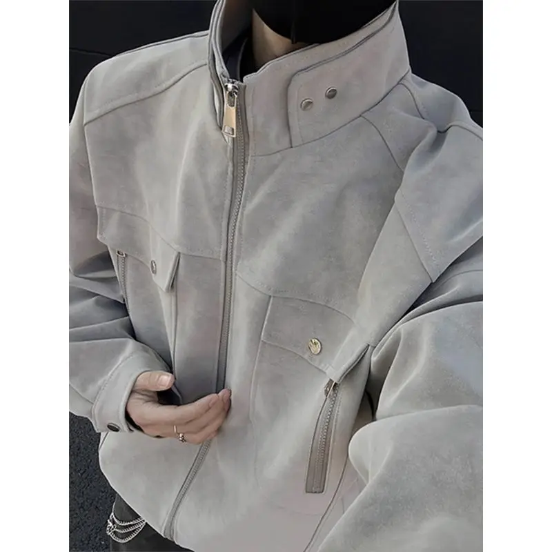 

American Retro Work Leather Jacket Men Women'S Spring And Autumn Casual Flight Jacket Stand Collar Baseball Uniform Trendy Brand