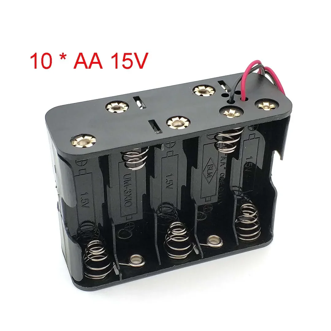 New 10 AA 2A Battery 15V Clip Holder Box Case Storage With Wire Leads Black