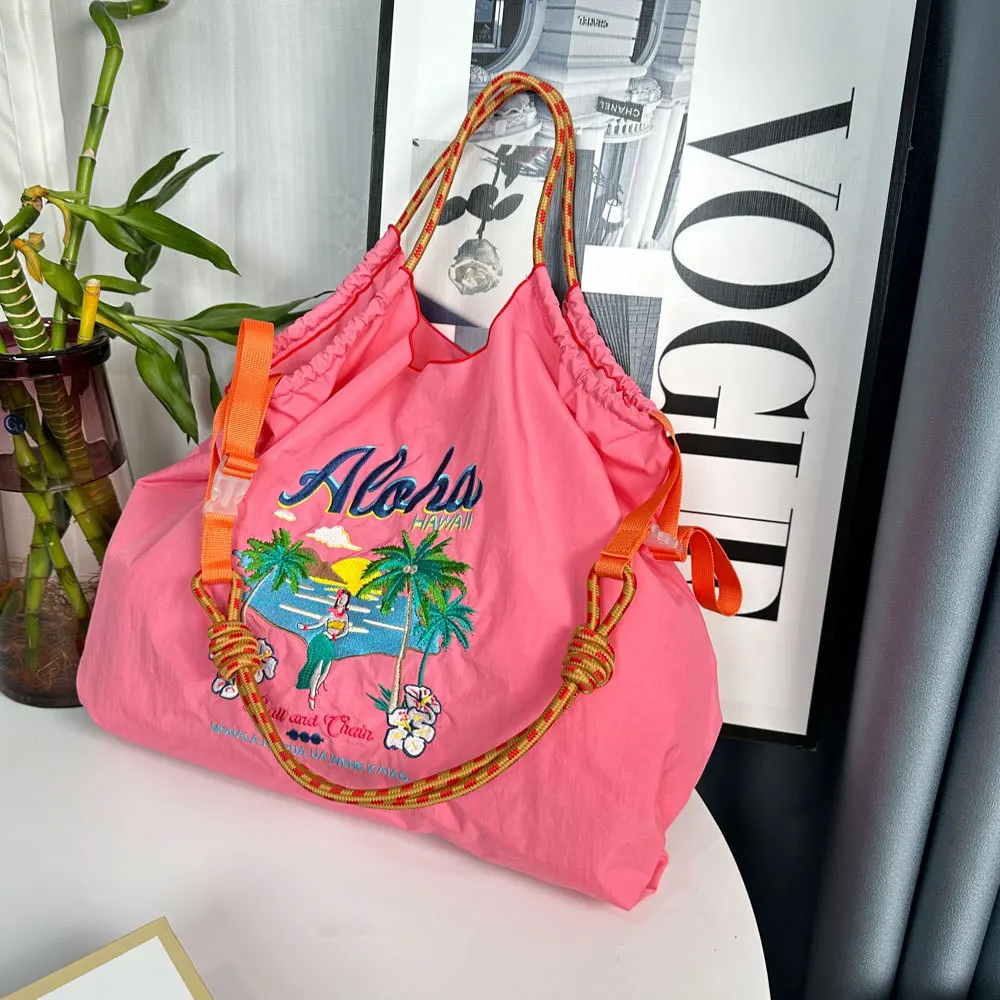 Bolsos de mano con bordado Hawaiano para mujer, de gran capacidad bolso de hombro, bolso ecológico de diseñador, bolso con asa de cuerda, monederos de compras de nailon