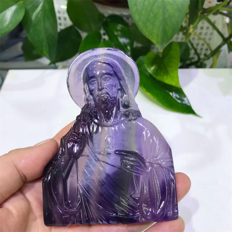 Imagem -04 - Fluorite Roxo Natural Jesus Esculpida Estátua Cura Feng Shui Reiki Gemstone Artesanato de Cristal para Coleção de Arte Presente Peças 3.9