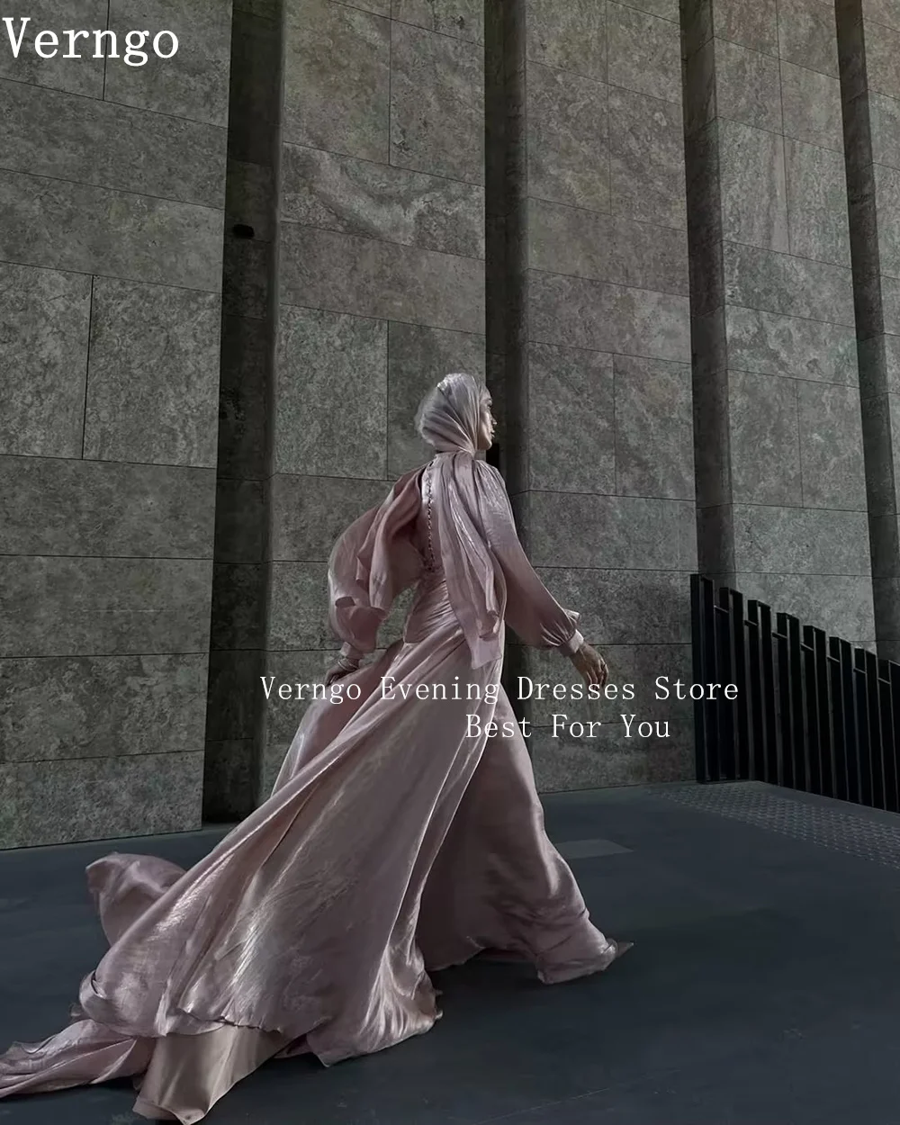 Verngo Pink Evening Dress High Neck Prom Gowns Long Sleeves Muslim Women Elegant Formal Dresses Modest Party Dress Customized