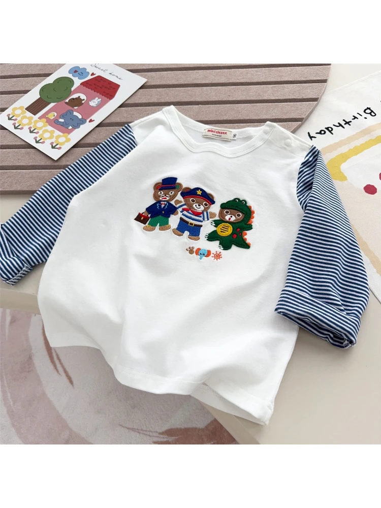 

2025 Autumn New Boys' and Girls' Fashion Color blocked Round Neck Cartoon Animal Long Sleeve Base Shirt Cotton T-shirt