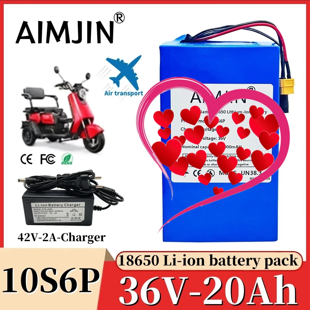 High-capacity 💎10S6P 36V 20Ah Rechargeable 18650 Lithium-ion Battery Pack Built in BMS Suitable for Electric Scooter Battery