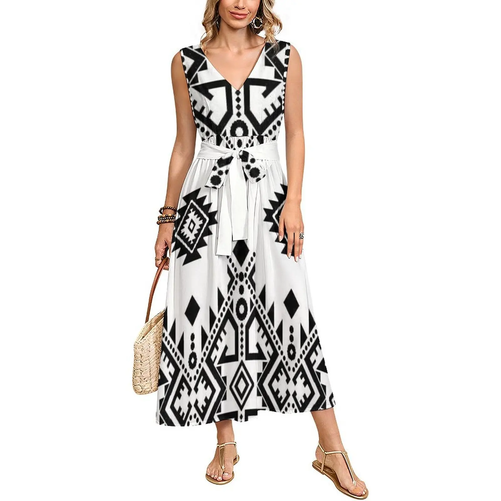 فستان طويل بتصميم حزام بدون أكمام للحفلات فضفاض وأنيق للصيف على جزيرة المحيط الهادئ، فستان طويل بطباعة نمط قبلي أزتيك جديد #3