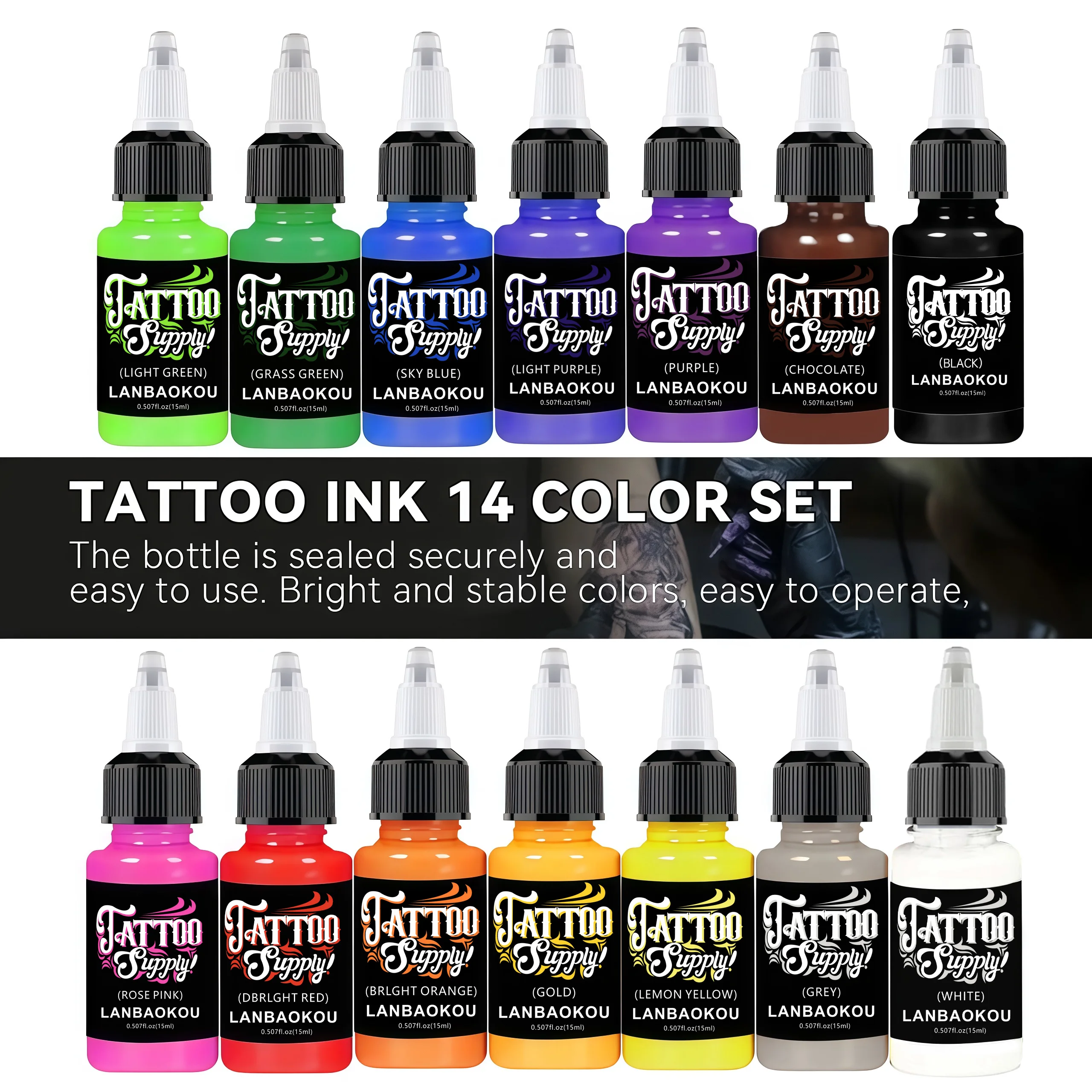 15ml 14colors Tattoo Ink Pigment with Box Body Art Tattoo Kits Professional Beauty Paints Makeup Tattoo Supplies Semi-permanent
