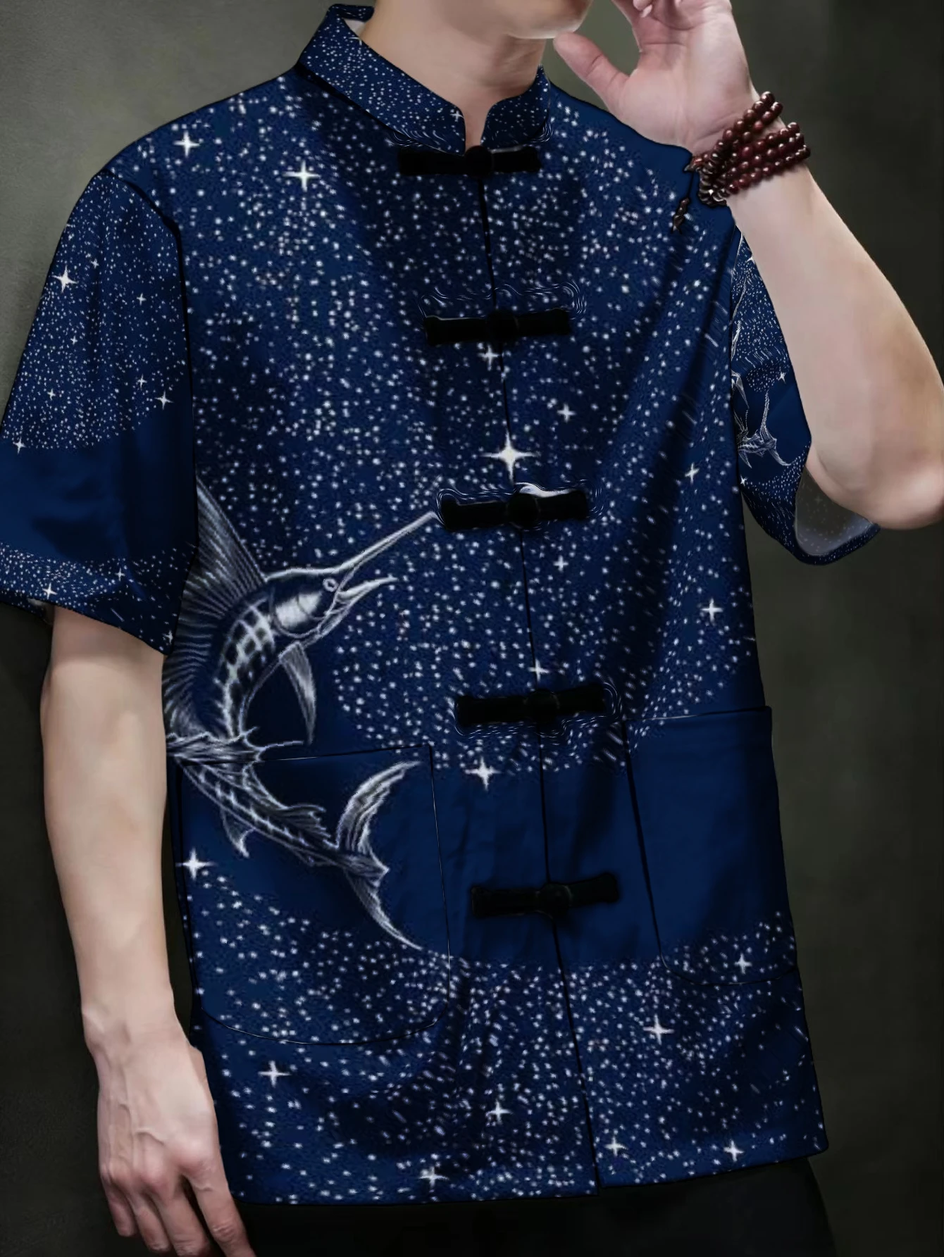 メンズ中国唐服半袖シャツ、伝統的なカエルボタン、スタンドカラ - Ethnic Wear Fashion Designer のレビューと価格