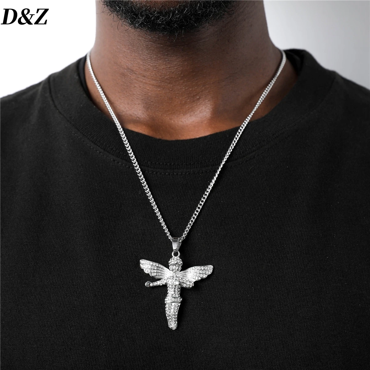 

D&Z Hip Pop Fashion angel Pendant Necklace For Men Women Stainless Steel Silver Plated Iced Out CZ Stones Charm Jewelry Gift