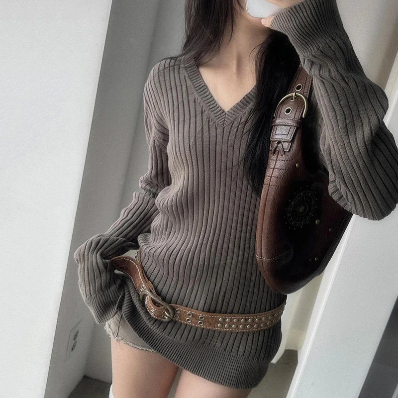 

BIIKPIIK V-neck Sweaters Casual Slim Fit Long Pullovers For Ladies Korean Style Full Sleeve Knitwear Tops Autumn Winter Sweaters