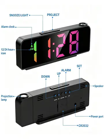 Black Digital Alarm Clock with Projection, Colorful Light, USB 5V, Year/Date/Temp Display, Adjustable Brightness