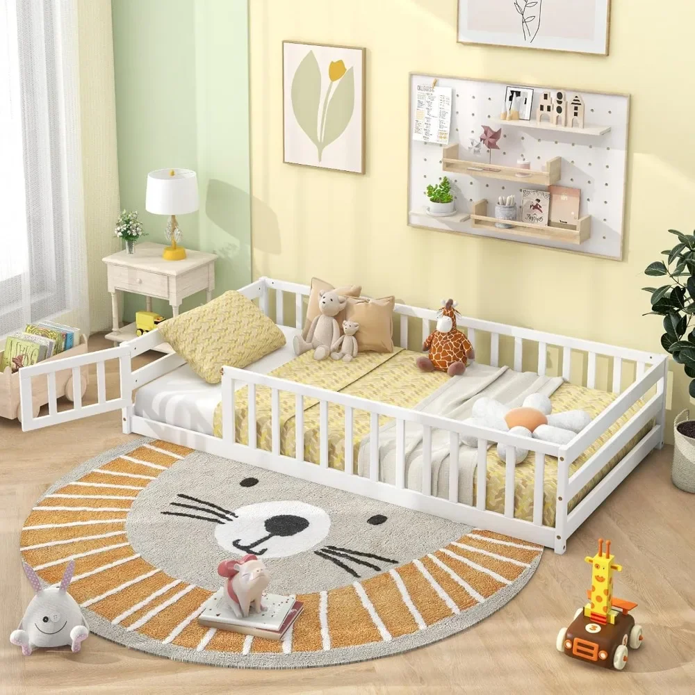 Twin Floor Bed with Door & Fence, Kids Wood Montessori Bed with Safety Guardrails, Floor Bed Frame for Kids, Boys, Girls