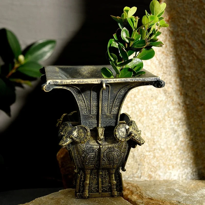‌Ancient Chinese Bronze Ram Planter  Mini Museum Artifact Succulent Pot  Unique Home Office Desk Decor  Cultural Gift Sculpture