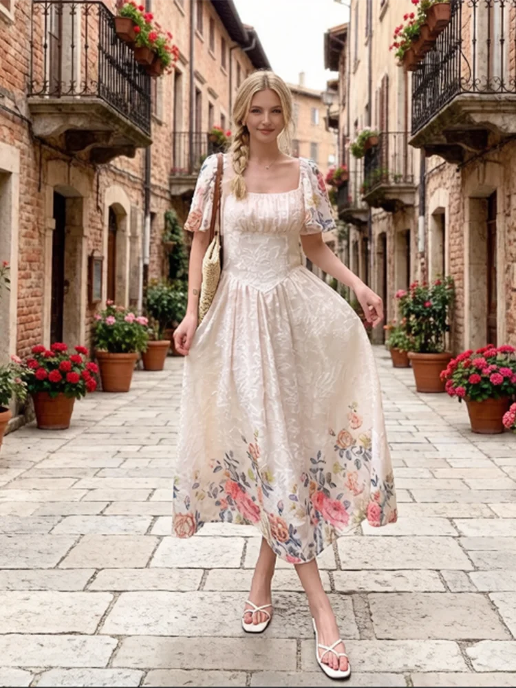 Holiday Printed Sweet Dress for Women\'s Summer New Short Sleeved Square Neck High Waist Slim Fit Large Swing Long Dress S612
