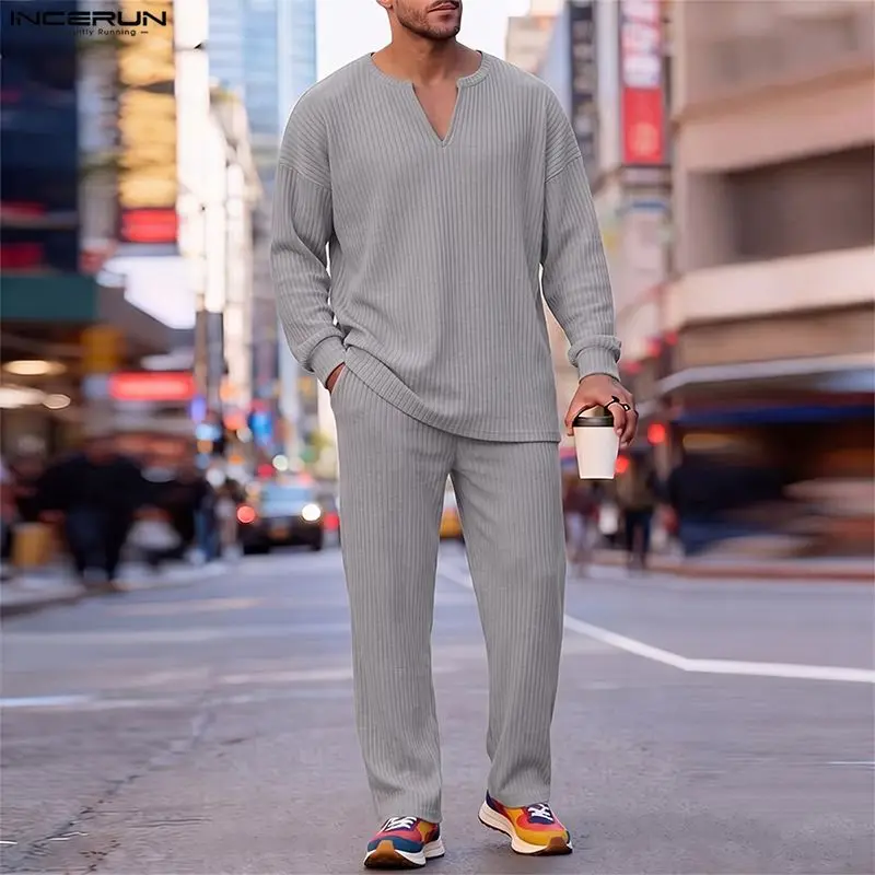 Men's Sets Solid Knitted V Neck Long Sleeve T Shirt Pants Tracksuits Two Piece Sets Streetwear INCERUN Casual Men Matching Sets