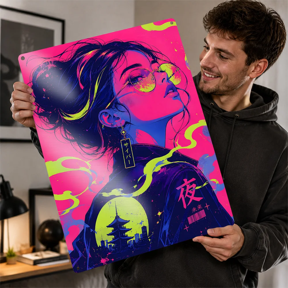Tokyo Anime Girl Japanese Cyberpunk Pop Textured Metal Poster Neon Wall Art For Bedroom Personalized Aluminum Sign Birthday Gift