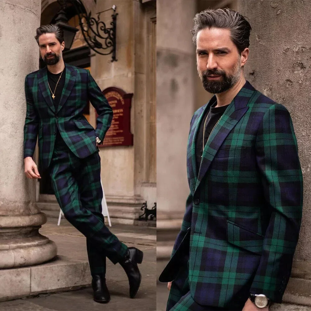 Trajes a cuadros para hombre, solapa de pico de un solo pecho, esmoquin de boda entallado para hombre, conjuntos de 2 uds de chaqueta y pantalones, traje Formal para fiesta de graduación para hombre