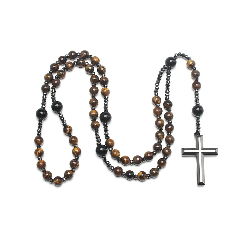 Naturstein Afrika Türkis und Tigerauge Perlen Kreuz Anhänger Halskette Rosenkranz für Männer und Frauen – Detail 4