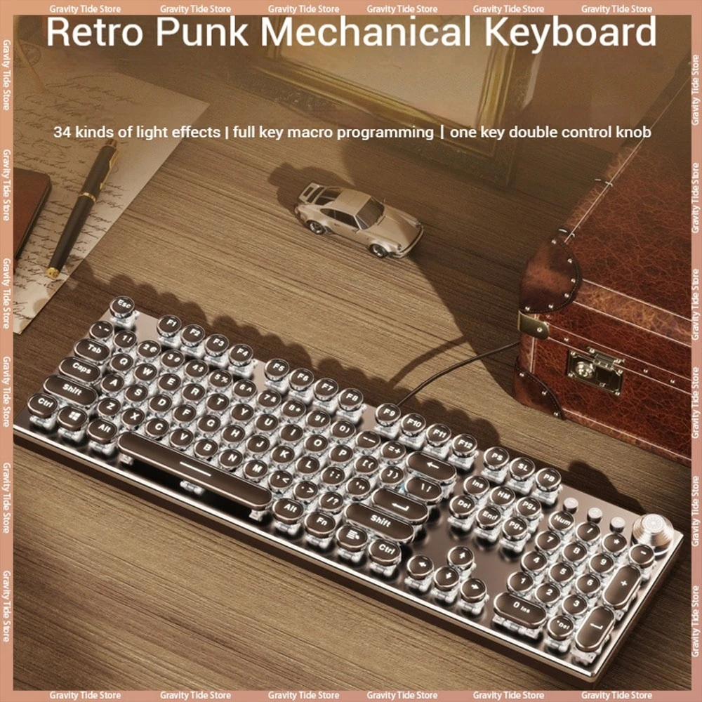 Retro Steampunk Mechanical Keyboard Wired Retro Steampunk Esports Computer Office Laptop Female Blue Switch Brown Axis Desktop