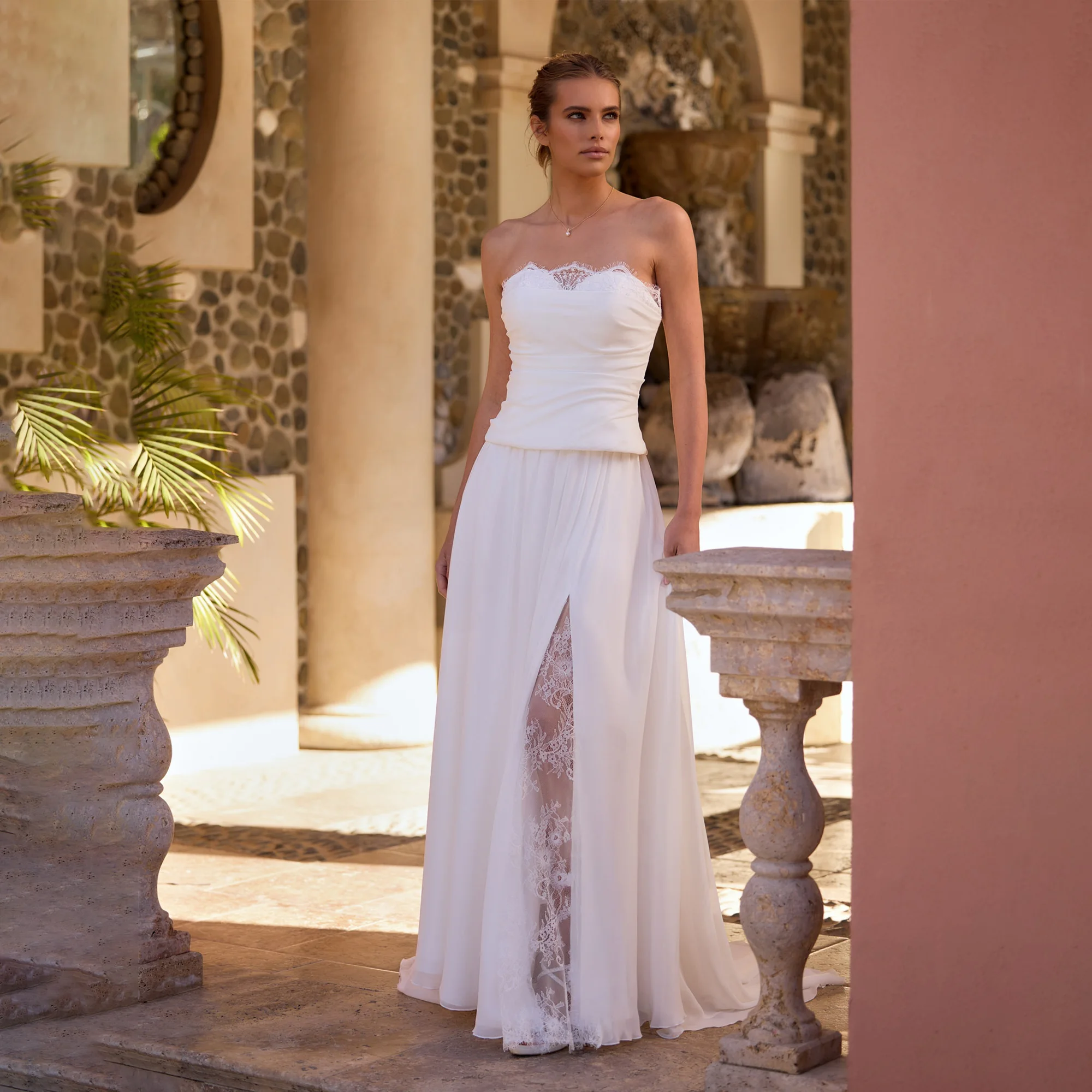 Civil Split Wedding Dresses For Women Sleeveless A-Line Chiffon 2 Pices Bride Gown Sweep Train Vestidos De Novia Boda Customized