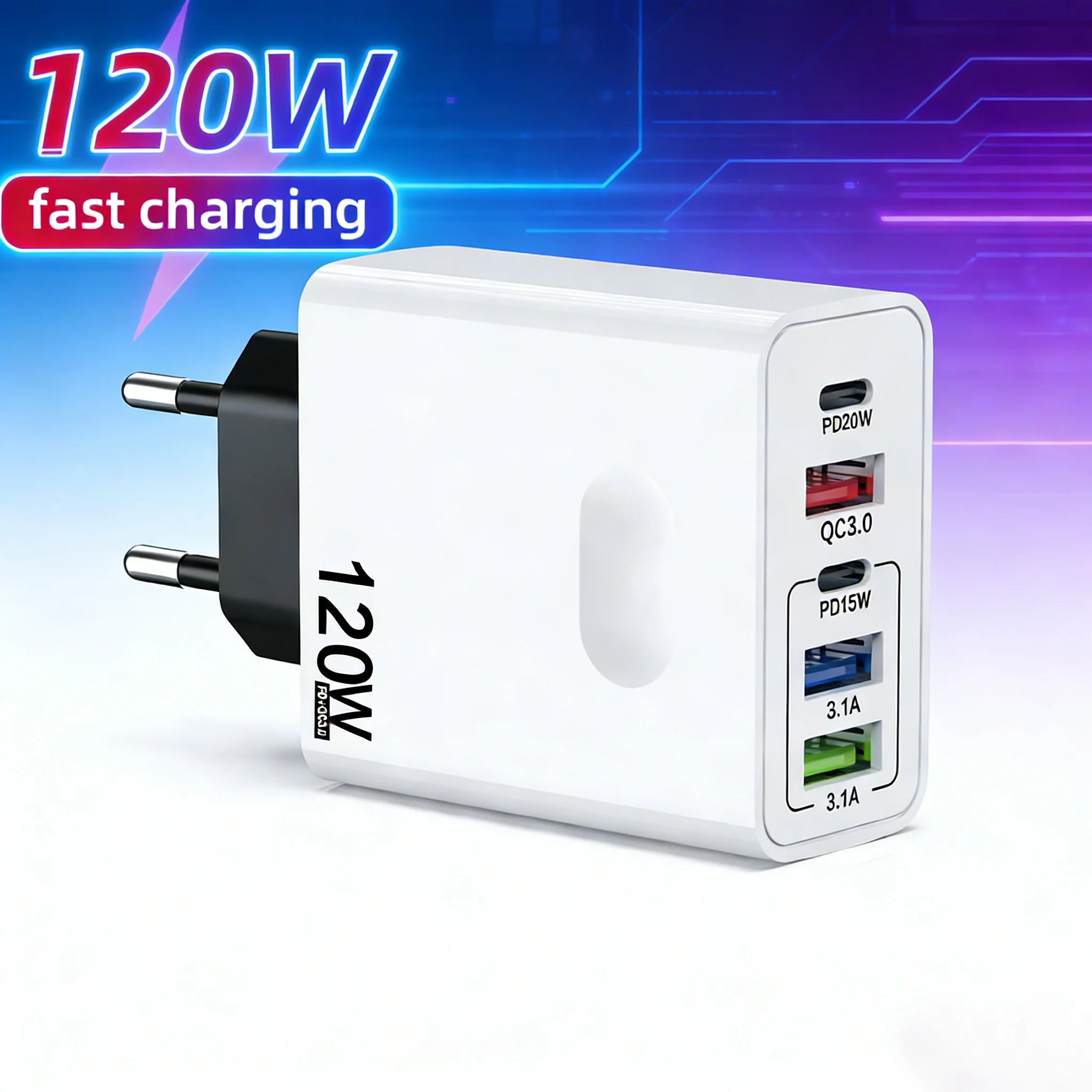 120W Multi Port USB C Fast Charger Type C High Speed PD QC3.0 Wall Adapter for iPhone 17 Samsung Xiaomi Poco Redmi Huawei EU US