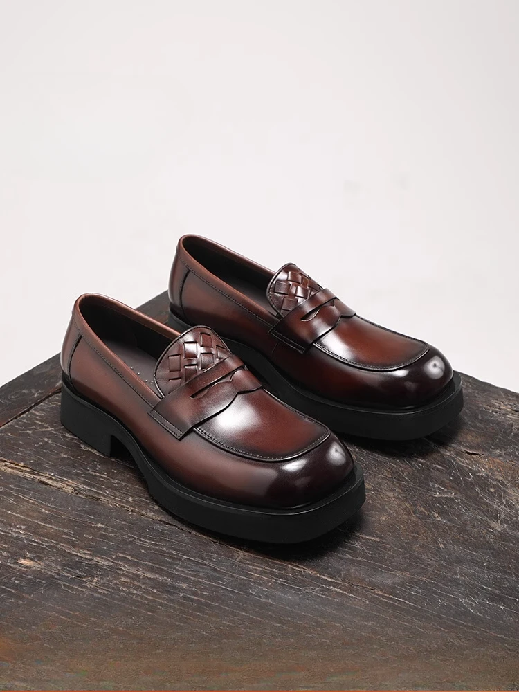 Spring and Autumn New Men's Business Dress Leather Shoes Platform Sole Square Head Leather Casual Loafers Men's Shoes